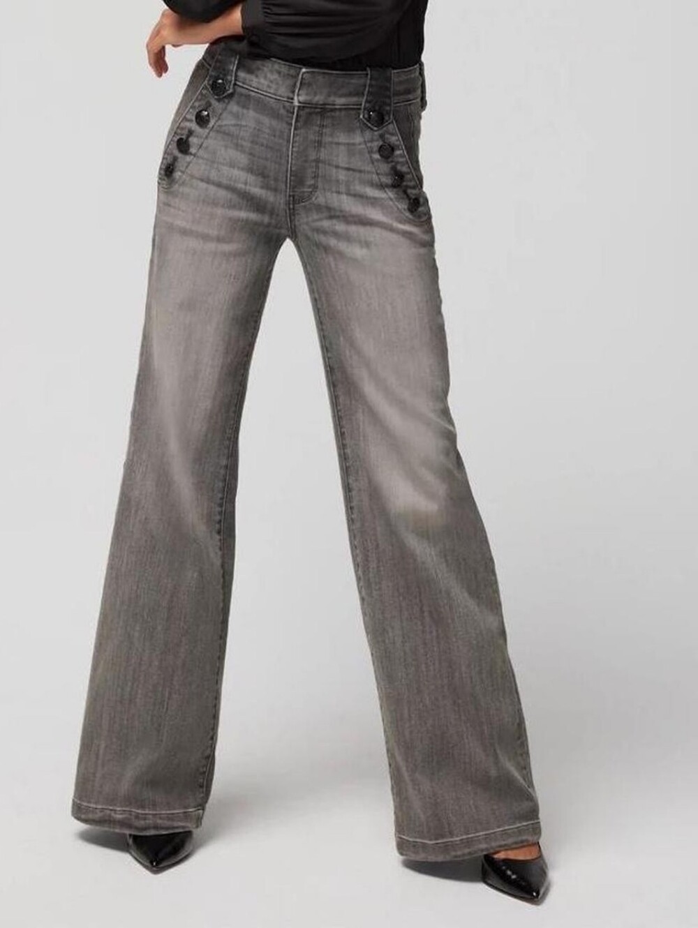 White House Black Market Gray Wide-Leg Jeans with Side Button Detail
